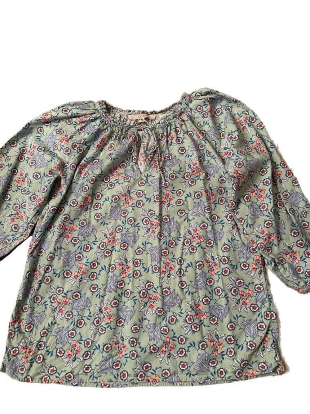LOFT Women's Green Floral Print Smocked Neck Long Sleeve Blouse

H996